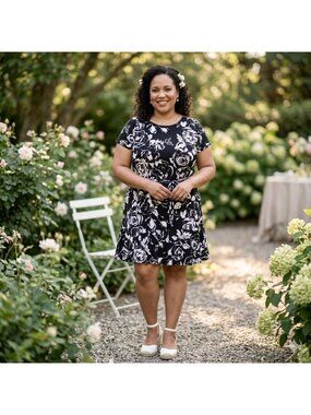Ralph Lauren Midi Dress Plus Size 3X Black White Floral Ruffled Hem Belt Viscose